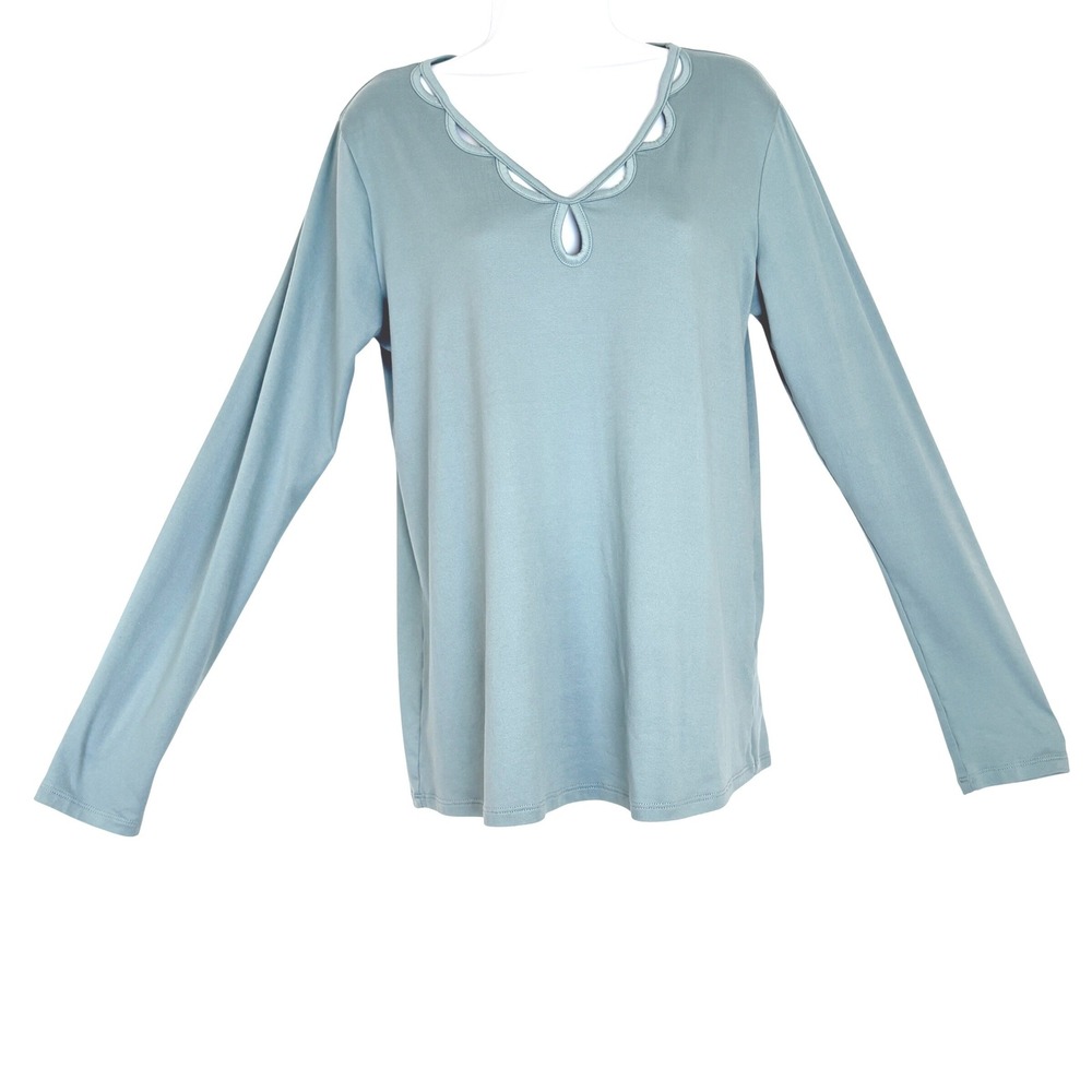 Daytrip Womens Large Sage Green Long Sleeve Scalloped Cutout Neckline Top